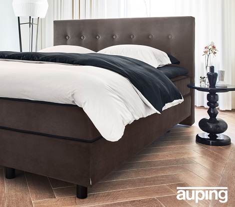 Auping Original boxspring hoofdbord Milano met knopen, luxe stof Espresso met zwarte bies, design, dealer slaapkenner theo bot